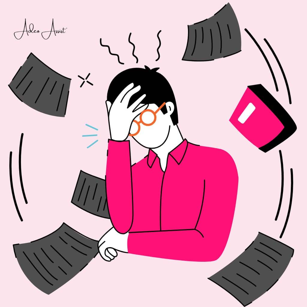 Illustration d'un dirigeant d'entreprise qui rencontre des difficultés à gérer ses tâches administratives et ses Outils bureautiques sans Assistant administratif.