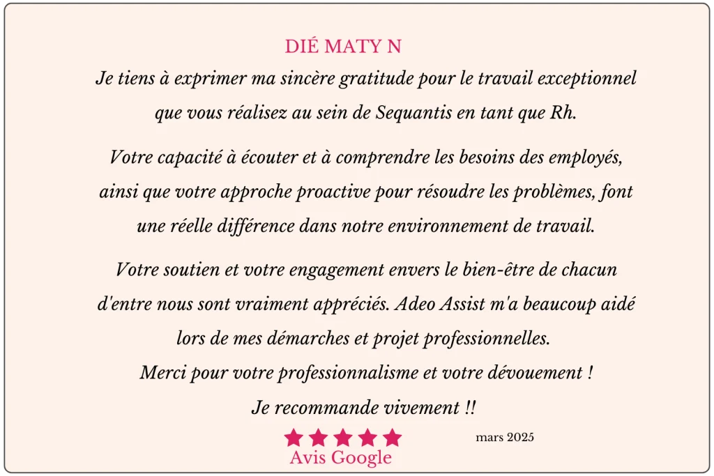 Un avis google qui valorise le bon Relationnel et les missions administratives effectuées dans le cadre de leur partenariat.